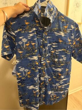 Men's Blue Flamingo Print Short-Sleeve Button-Down Shirt